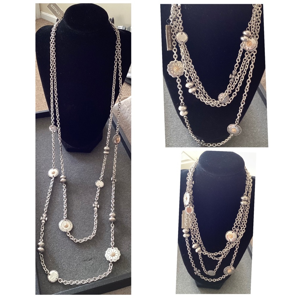 🚨 NWT Chico's Double Strand Silver Necklace Multiple Claps Allows Versatility